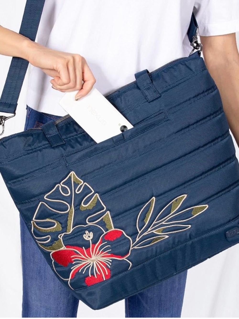 Lug APOLLO in ALOHA NAVY Quilted Tote with Floral Embroidery